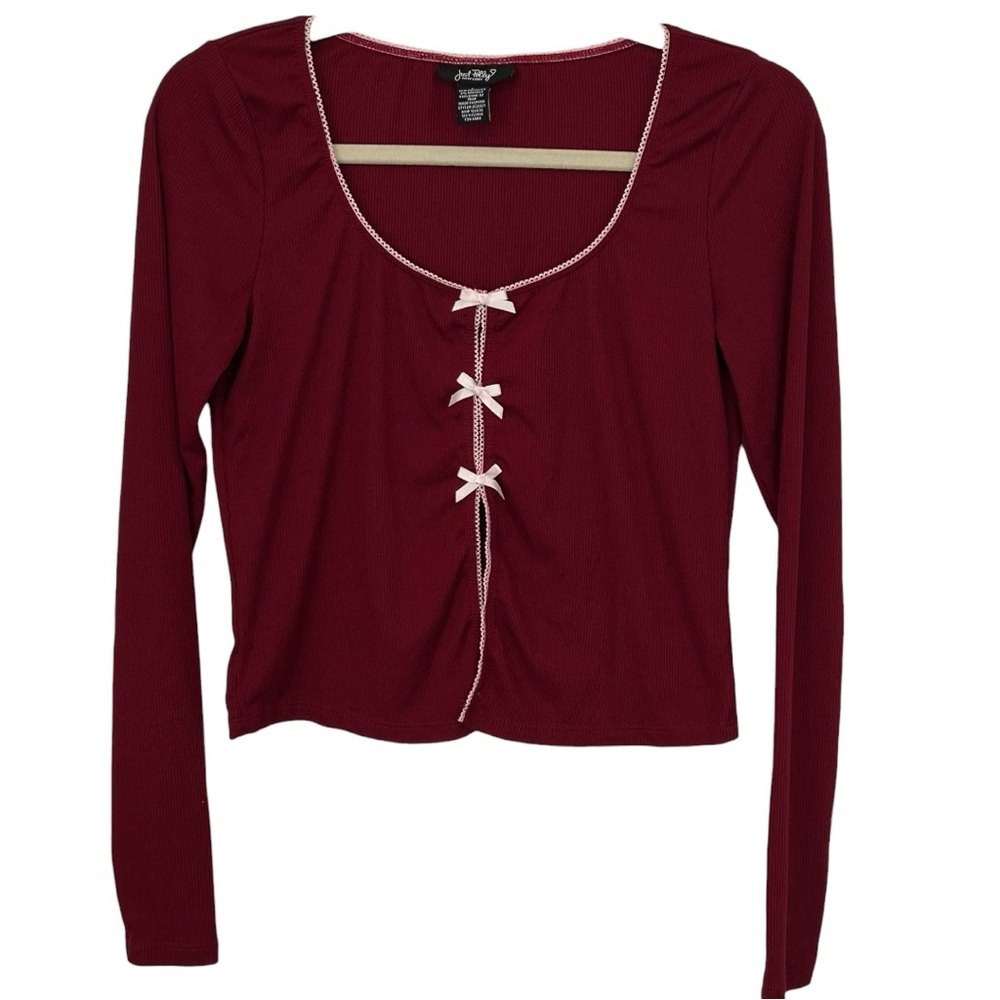 Just Polly Women’s Long Sleeve Bow Detail Open Front Ribbed Top Sz L